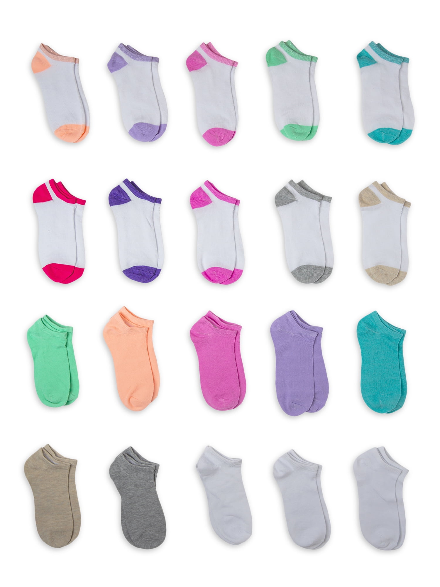 Wonder Nation Girls No Show Socks, 20-Pack, Sizes S-L