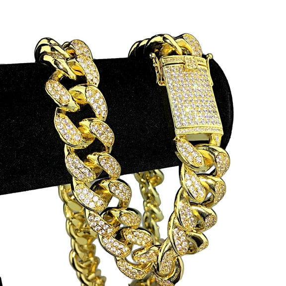 14k Gold Plated Cuban Chain Link Heavy Micro Pave 24" In x 19MM Hip Hop Necklace