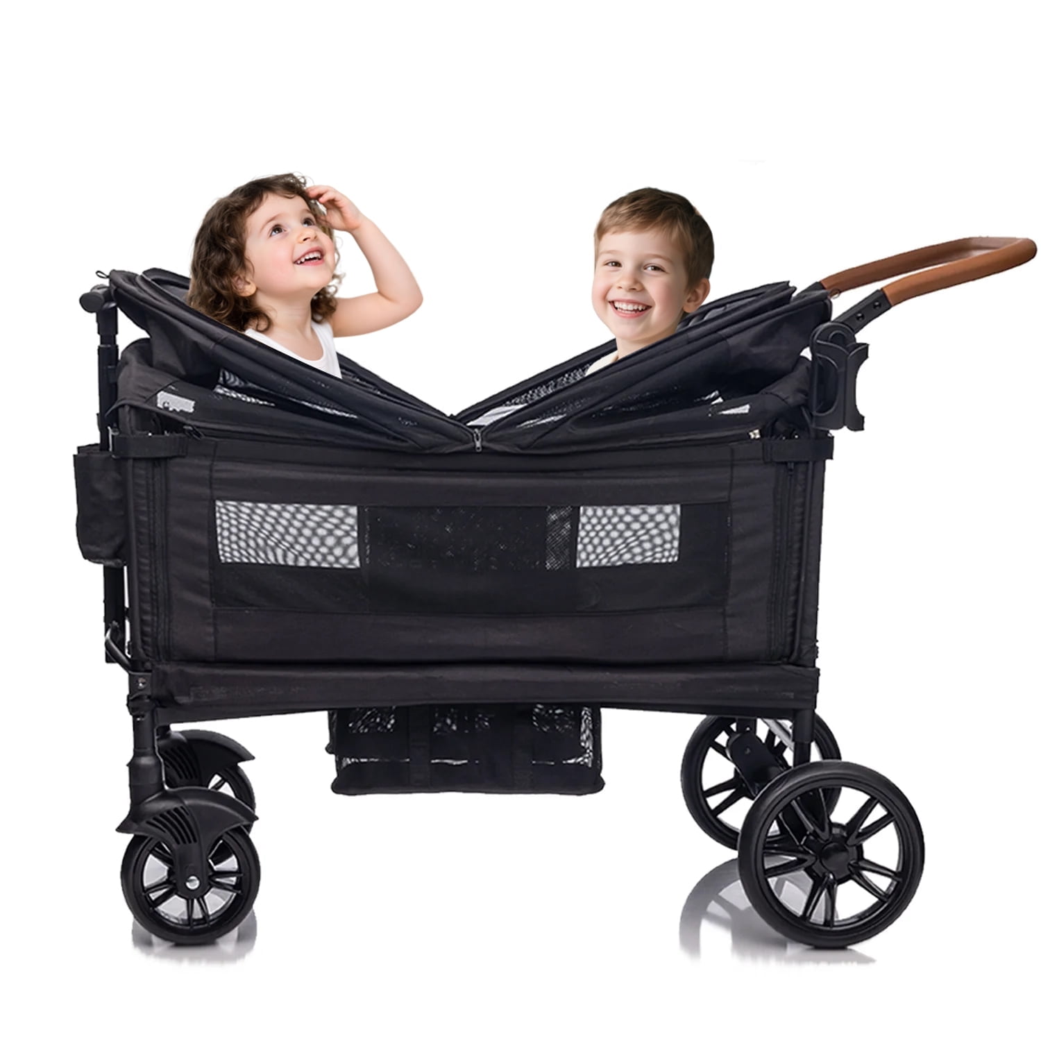 Funyard 2-in-1 Stroller Wagon for 2 Kids, Push Pull Wagon with 5-Point Safety Harness, Removable Canopy & Adjustable Handlebar, Lightweight Fold,Cup holder，Black