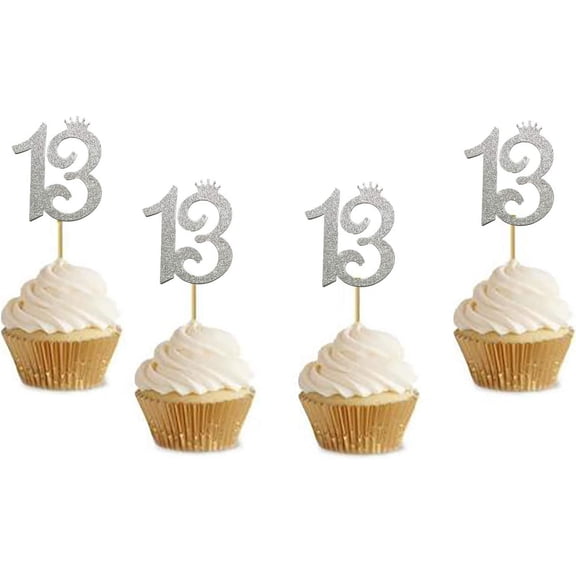 Glitter Sliver 13th Birthday Party Anniversary Party Cupcake Toppers. 10pcs Number "13" Cupcake Toppers