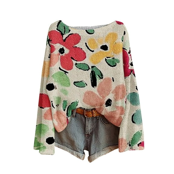 Bovemsi Sweaters for Women Cozy Women's Art Print Casual Pullover Sweater Knitted Fashion Long Sleeve Crewneck Blouse Winter Top Fall Sweaters