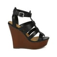 thumbnail image 2 of Breckelles CK61 Women Leatherette Open Toe Strappy Wooden Platform Wedge Sandal, 2 of 5