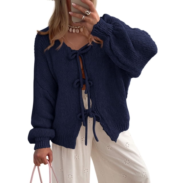 Suéter PRETTYGARDEN con Lazo Frontal, Tejido Grueso, Color Azul Marino, Talle XL