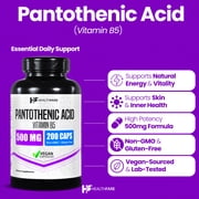 HealthFare Pantothenic Acid 500mg Vitamin B5 Supplement | 200 Vegan Capsules | Extra Strength Energy & Metabolism Support | Non-GMO, Gluten-Free | Made in USA