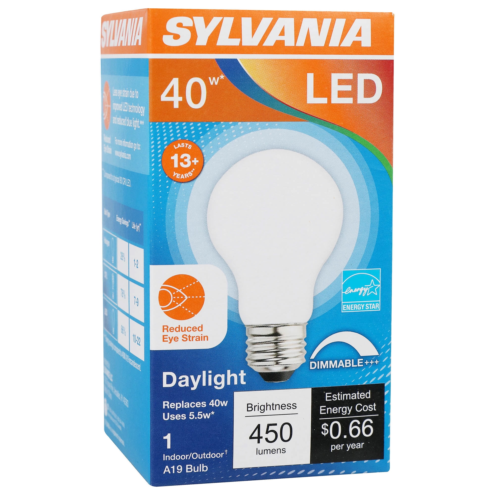 Sylvania LED A19 Reduced Eye Strain Light Bulb, 40W, Dim, Daylight,1Pk