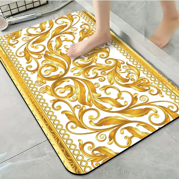 1pc Golden Ornate Scroll Bathroom Rug Bathroom Decor and Accessories- Durable,Anti Slip,And Quick Drying,Suitable For Indoor/outdoor Use - Perfect For Bathrooms,Bedrooms,Kitchens,Terraces