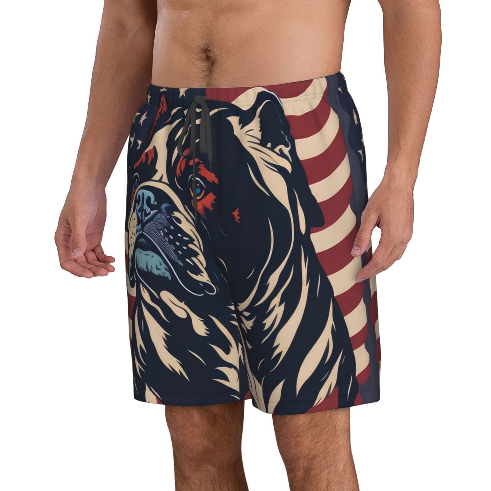 Vsdgher Patriotic Bulldog Art Men's Beach Shorts, Surfing shorts, Swim trunks, Quick Dry Swim Trunks for Surfing Beach Fun -Large