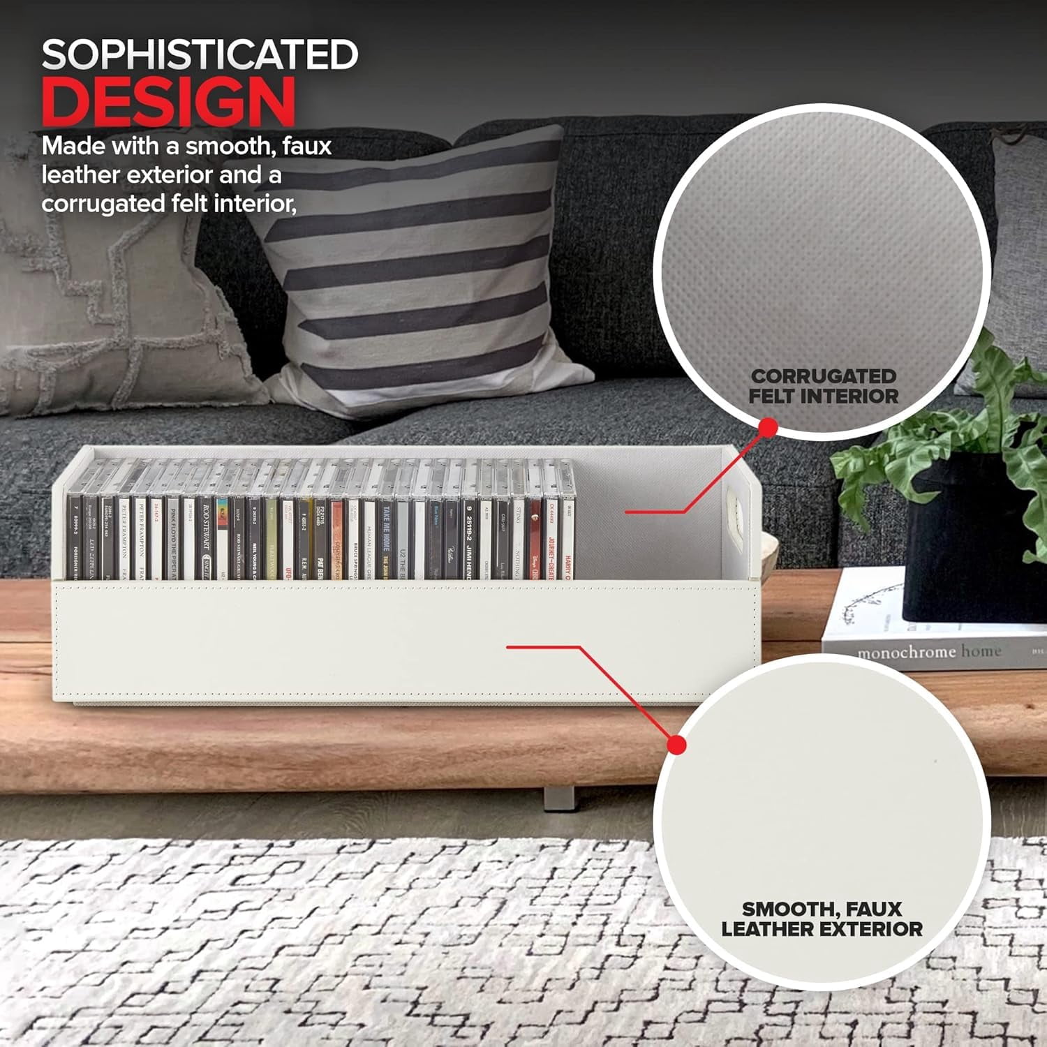 Stock Your Home 2- Pack CD Storage Box, Organizer Shelf for Movie Cases, DVDs, Cassette Tape Display Stand, Disc Holder Can Store Up to 40 CDs, Faux Leather (White with White Interior)