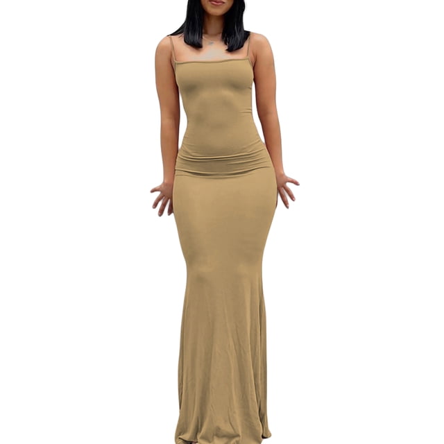 xiaxaixu Robe Longue Moulante Aguichant pour Femme, Cami, Été, Sans Manches, à Bretelles Spaghetti, Longues Robes, Décolleté, Robe de Soirée/Boîte de Nuit (Noir, Moyen)
