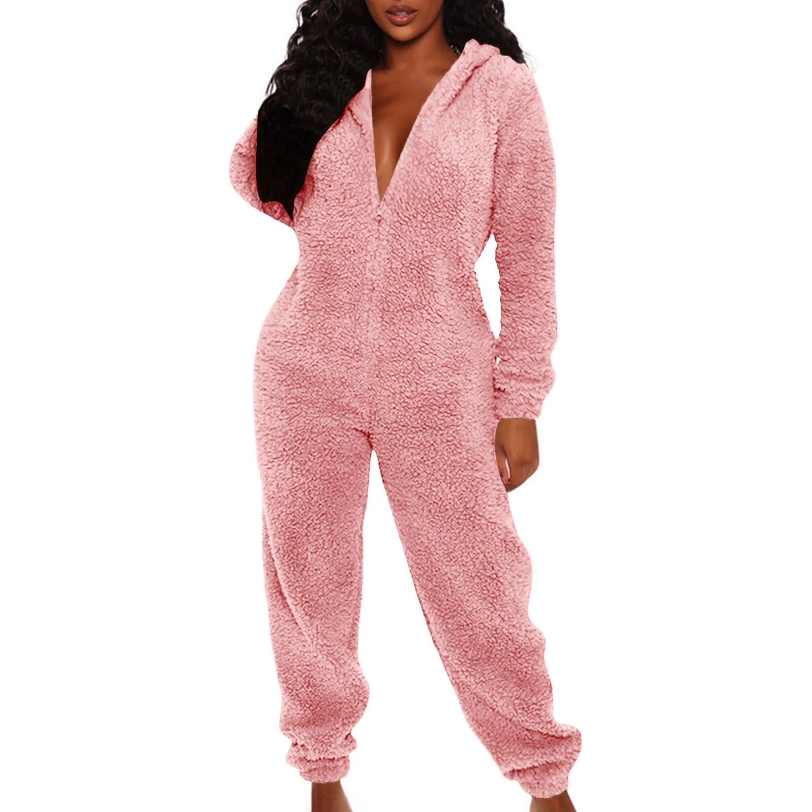 Uaswgudfs Womens Fleece Onesies Pajamas Jumpsuit Warm Romper Sleepwear One Piece Zipper Hooded Playsuit Loungewear Pink 2XL
