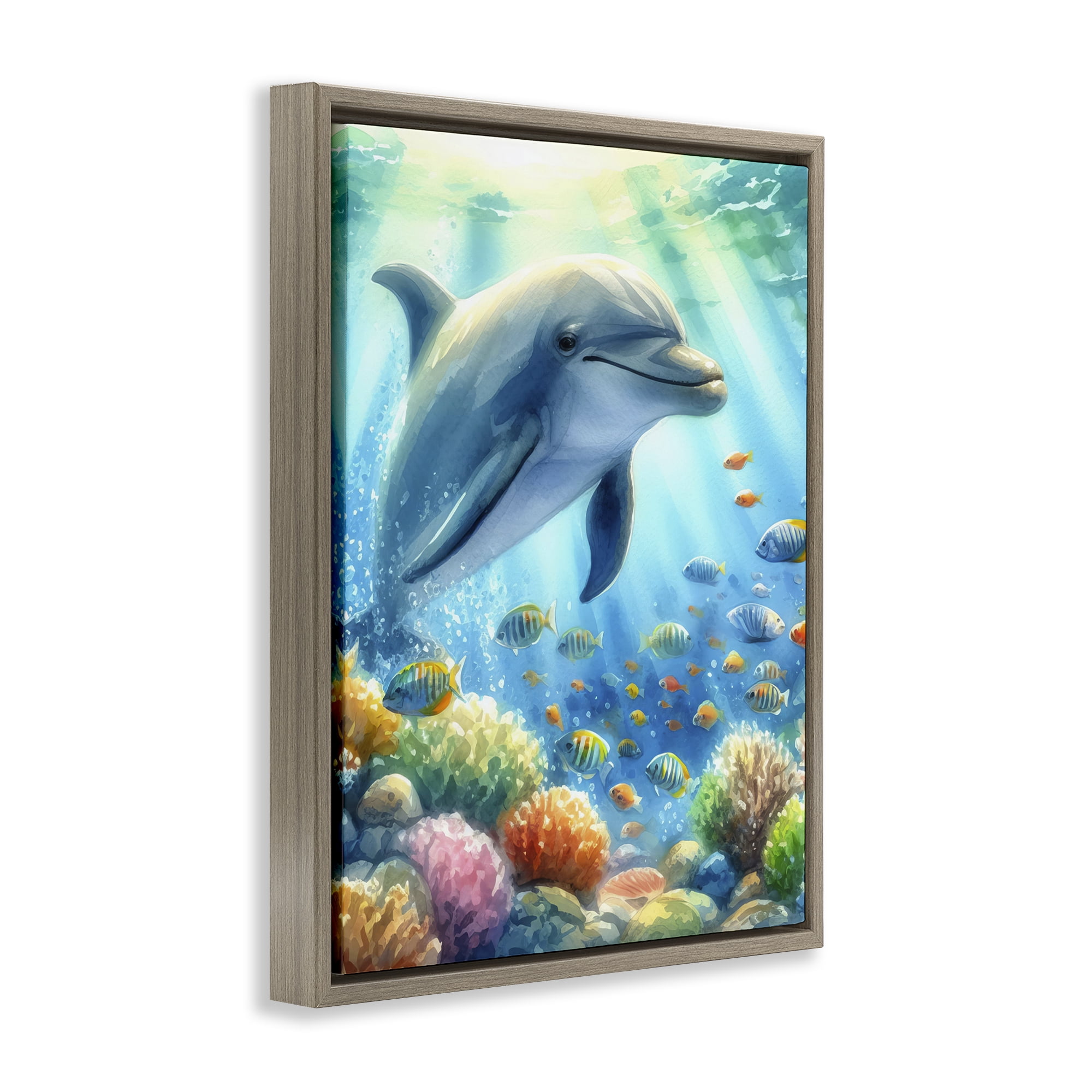 Stupell Industries Majestic Dolphin Underwater Nautical & Beach Painting Brown Floater Framed Canvas Art Print Wall Art, 25 x 31