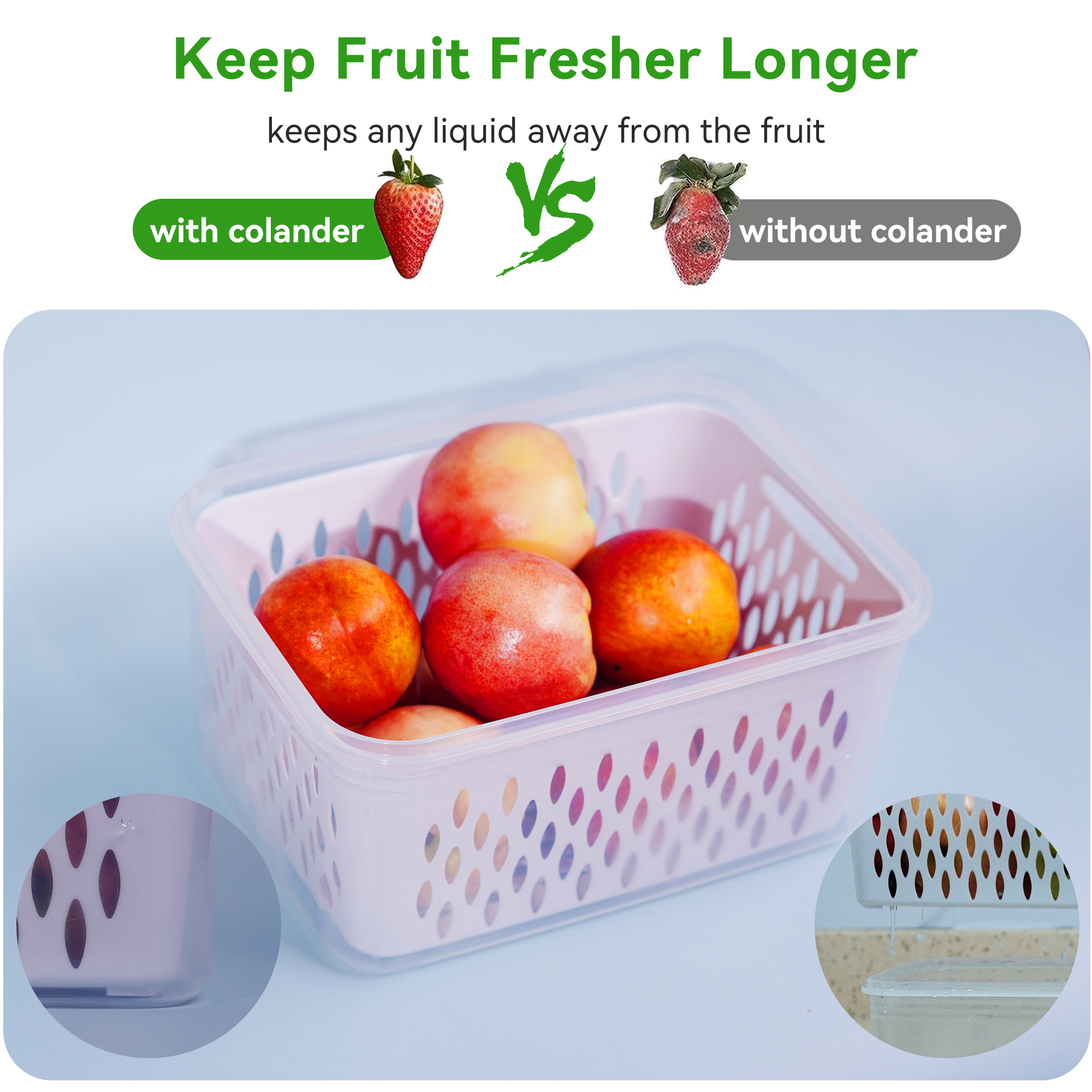 Fukushima Fruit Storage Containers for Fridge, 3 Pack Food Saver with Airtight Lid & Colander for Salad Berry Lettuce Vegetable Storage, Refrigerator Organizer