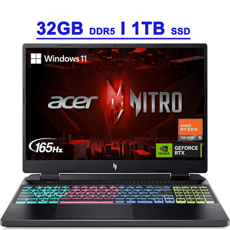 Acer Nitro 16 Premium Gaming Laptop 16" WUXGA IPS 165Hz AMD Zen 4 Hexa-core Ryzen 5 7640HS 32GB DDR5 1TB SSD GeForce RTX 4050 RGB Backlit USB-C Win11