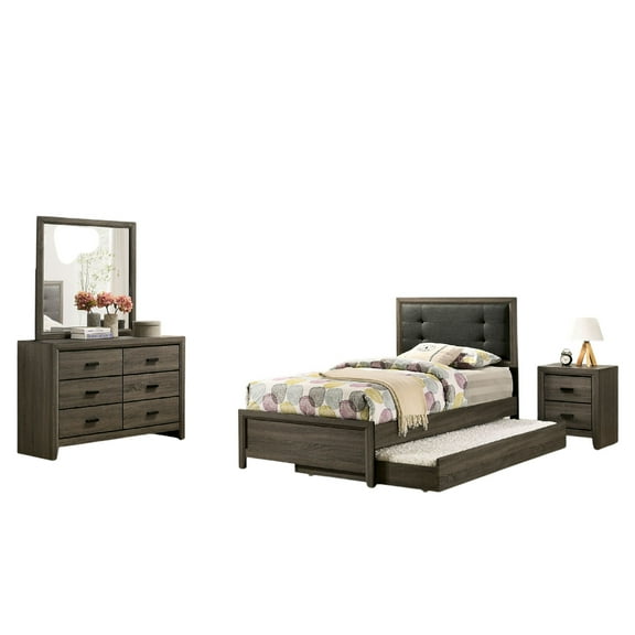Meli 4pc Twin Size Bed Set with Dresser, Dark Gray Solid Wood Frame