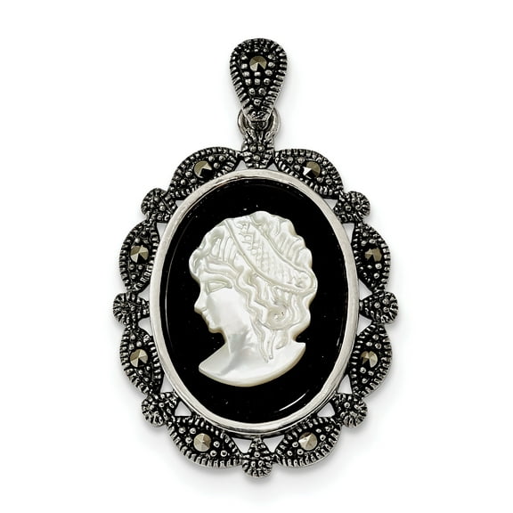 925 Sterling Silver Antiqued Marcasite Black Agate & MOP White Cameo (21.8x35.3mm) Pendant / Charm