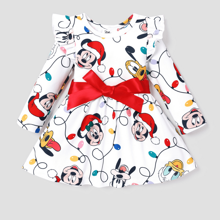 Disney Mickey Girls Christmas Dresses Pluto Goofy Donald Graphic Print Bow Gifts Outfits Sizes 3M 5Y Walmart