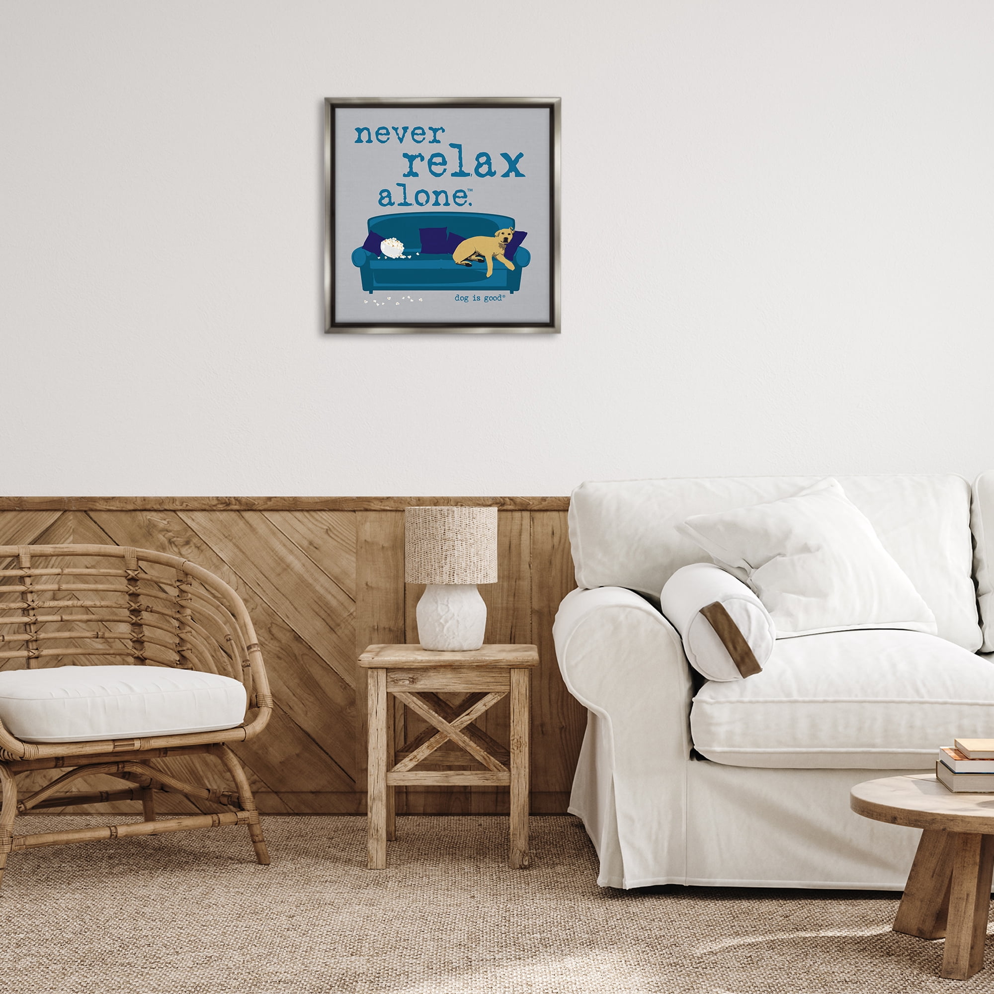 Stupell Industries Never Relax Alone Dog Animals Painting Gray Floater Framed Canvas Art Print Wall Art, 25 x 25
