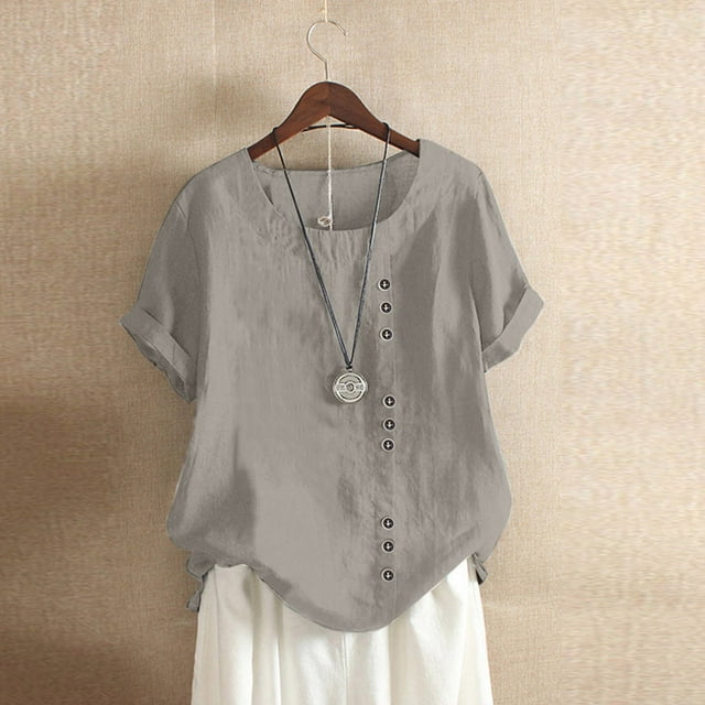 Xuyuer Top Womens Shirt Casual Blouse Loose Button Linen Plus Size Sheer Pullover Daily Boho Tunic T-Shirt Tops Summer Round Neck Casual Dressy Blouses Casual Jacquard Boho Blouse