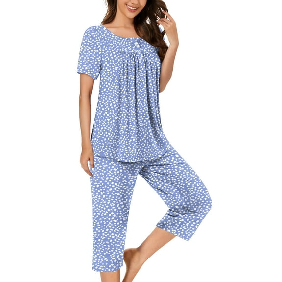 Censtreet Women's Pajama Sets Short Sleeve Sleepwear Round Neck Pj Loungewear Top and Capri Pants with Pockets