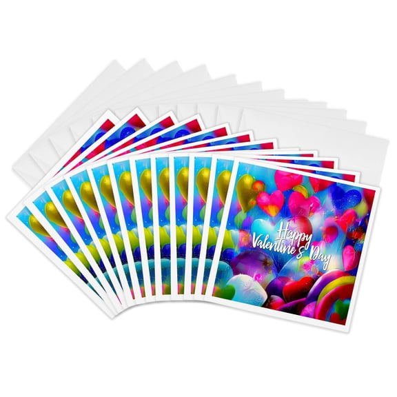 3drose, Valentines Day. Happy Valentines Day, Colorful Hearts, Gift, Card, 12 Greeting Cards with Envelopes