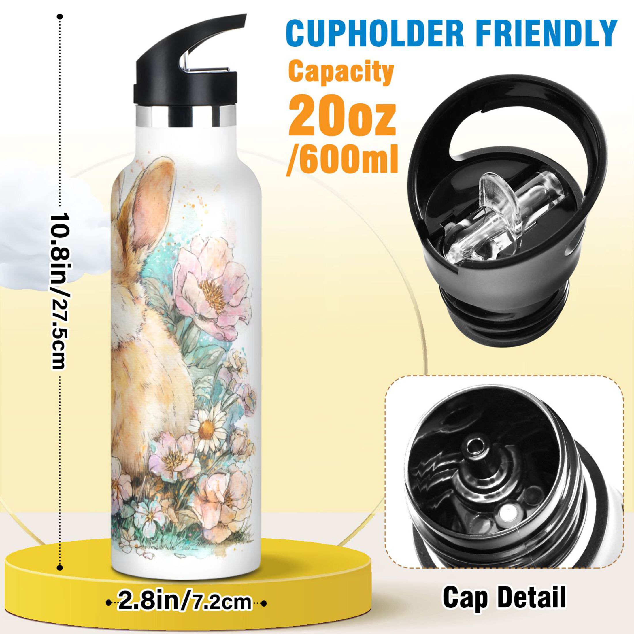 Kids Insulated Stainless Steel Sports Water Bottle 600ml (20oz) Watercolor Adorable Bunny