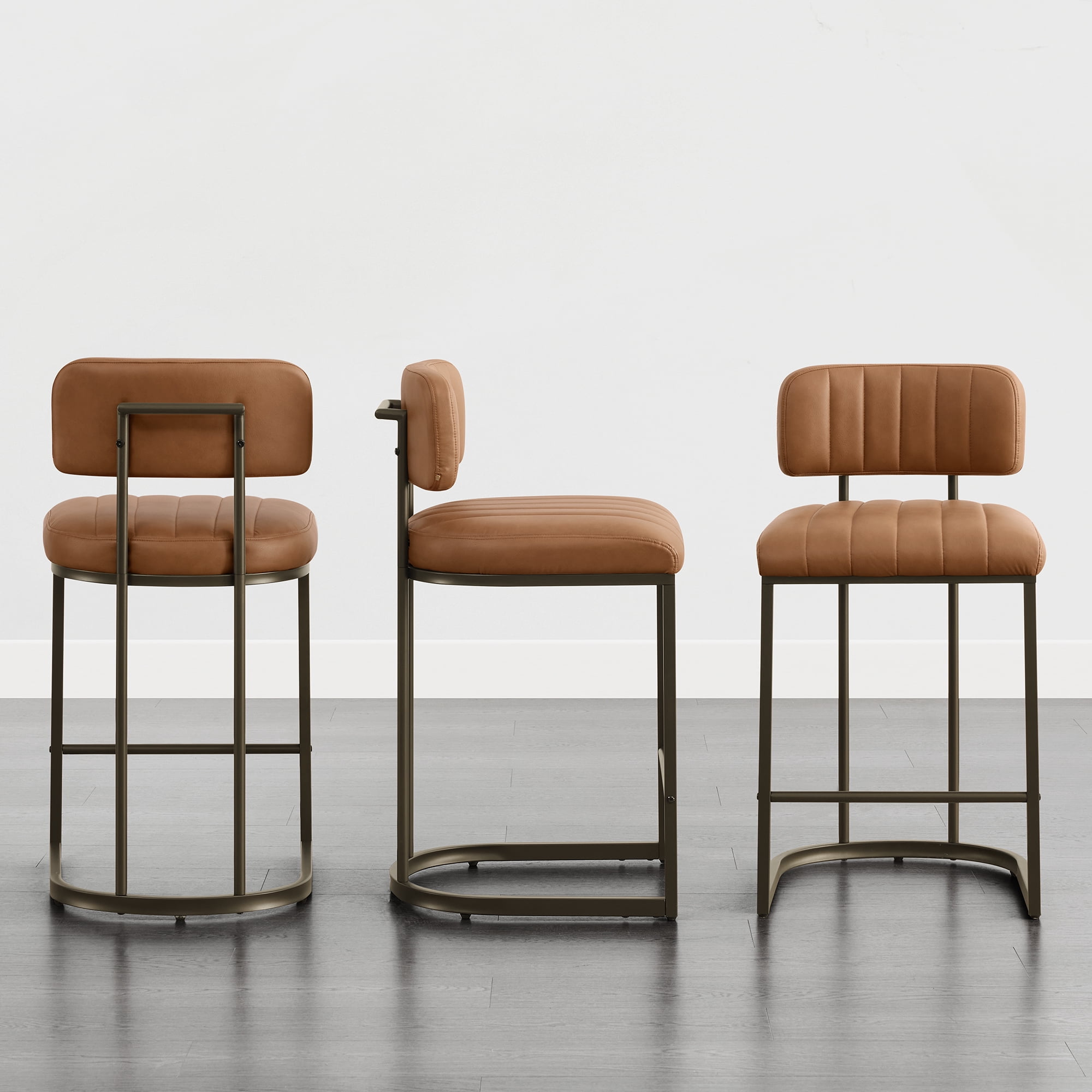 Spruce & Spring 26" Counter Height Bar Stools Set of 3 with Curved Back & Channel Tufting, Metal Frame for Kitchen Island & Home Bar, Upholstered Faux Leather, Brown