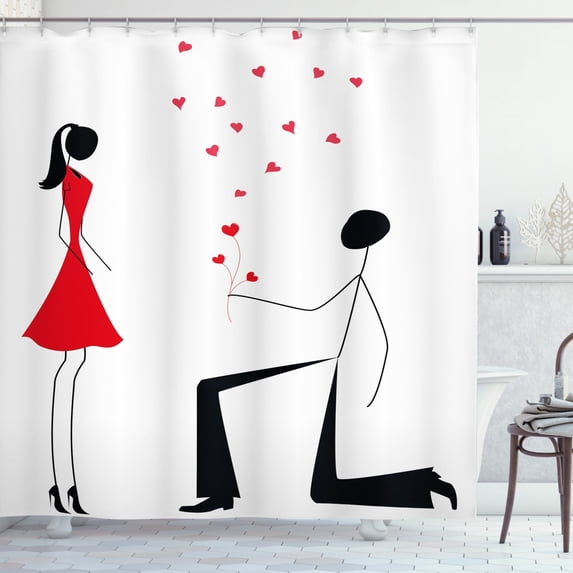 Ambesonne Minimalist Shower Curtain, Couple with Hearts, 69"Wx75"L, Black White and Red