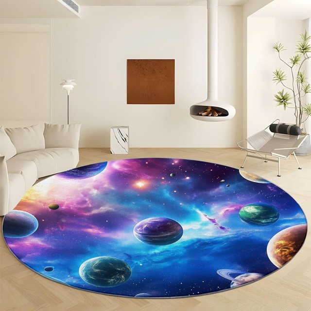 Round Rug 6ft Colorful Space Planet Area Indoor Circle Rug Round Washable Rug, Floor Mat Print Non Slip Carpet Kitchen Living Room Dining Room Playroom Decor