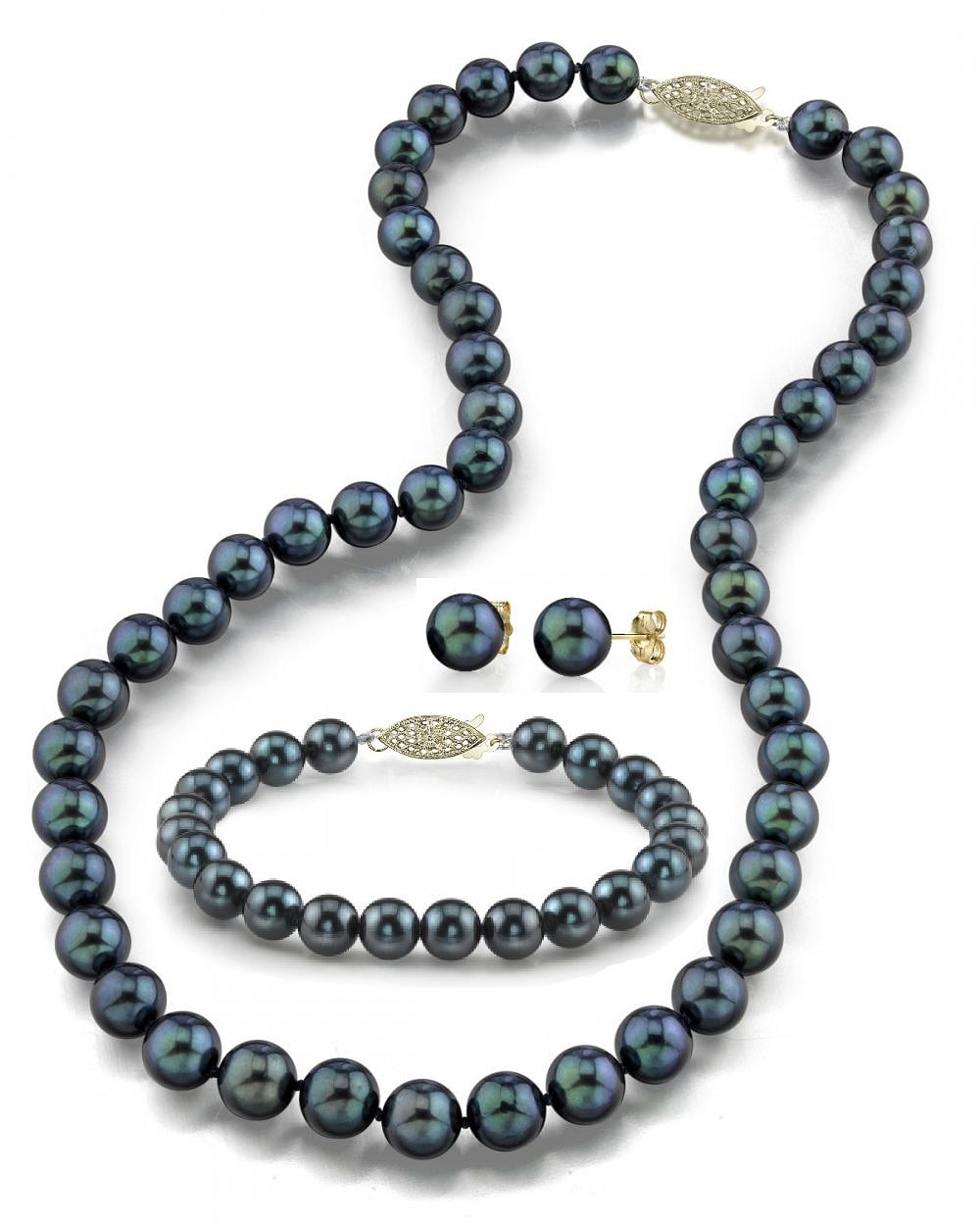14k Gold Dyed-black Cultured Freshwater Pearl Jewelry Set 7-8 mm