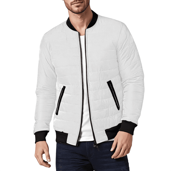 Hogleaql Men's Plus Size Thermal Puffer Jacket Coat Zip Up Long Sleeve Thermal Quilted Coats Baseball Collar with Pockets Loose Solid Color Lightweight Insulated Winter Fashion Jacket Outfits White L