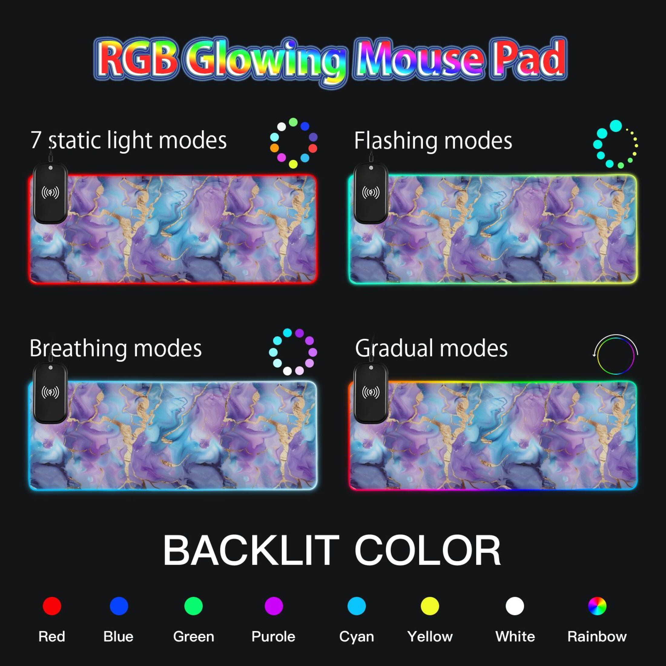 Wireless Charging Mouse Pad Large RGB Gaming Desk Mat 13 Light Modes Mousepad 35.4x15.7 Blue Purple Marble