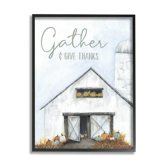 Gather & Give Thanks Autumn Barn Holiday Graphic Art Black Framed Art Print Wall Art