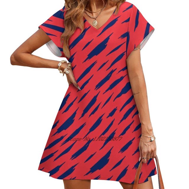 Abstract Pattern Loose Pocket Dress Women Casual V Neck Dress Printed Dress Abstract Pattern Blue Red Grunge Spot Modern Style
