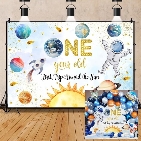Outer Space Theme 1st Birthday Backdrop for Boy First Trip Around The Sun Watercolor Planets Astronaut Photography Background Party Supplies Cake Table Banner Photo Booth Props