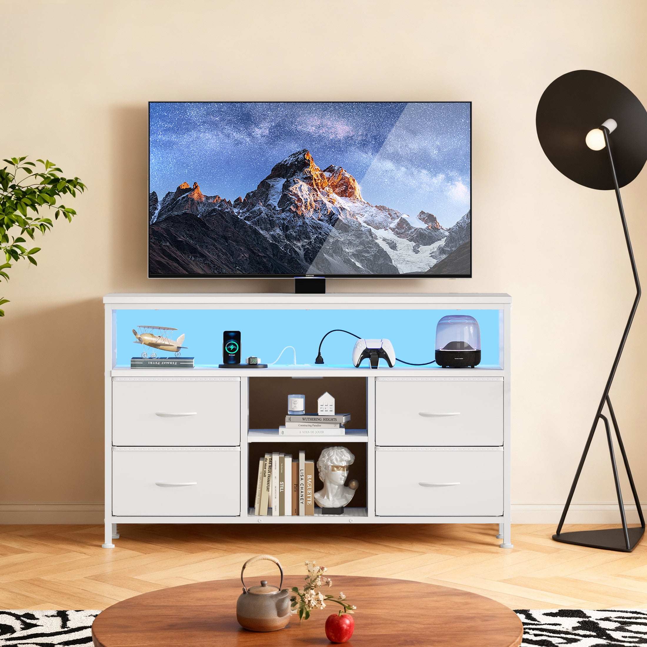 EDX TV Stand with Power Outlets and LED Light for 43-inch TV, Double-layer 4 Fabric Drawers for Living Room/Bedroom, White