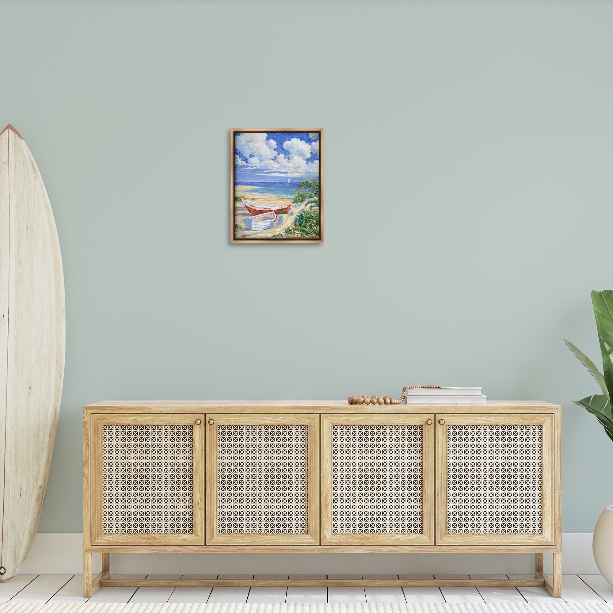 Stupell Industries Two Boats on Sand Transportation Painting Brown Floater Framed Canvas Art Print Wall Art, 17 x 21
