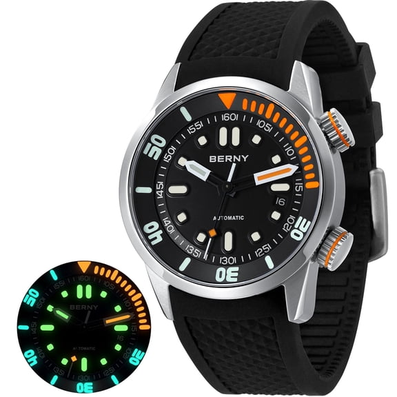 BERNY Automatic Dive Watches for Men, Sport 20ATM Waterproof Analog Mechanical Watch with Date, Super Luminous, Silicone Strap, Stainless Steel, Sapphire Crystal, Men's Pro Diver Watch (Black)
