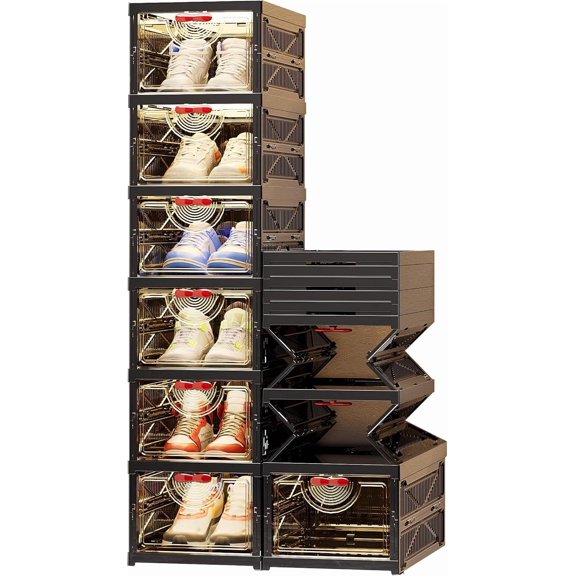 Foldable Shoe Rack Organizer Stackable Shoe Storage Box for Entryway, Closet & Bedroom Large Capacity Sneaker Containers Bins with Lids 6 Pack Black