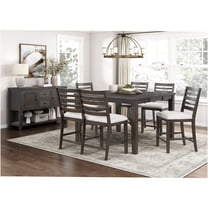 JERFIT 6-Piece Counter Height Dining Set with Extendable Table, Upholstered Chairs and Bench, Dark Espresso Wood Kitchen Furniture