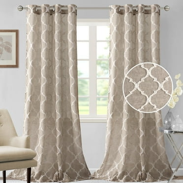 PrimeBeau Mosaic Lantern Embroidery Linen Mixed Grommet Draper, Light Filtering Privacy Sheer (Pair of 2, 52 by 63 inch, Taupe)