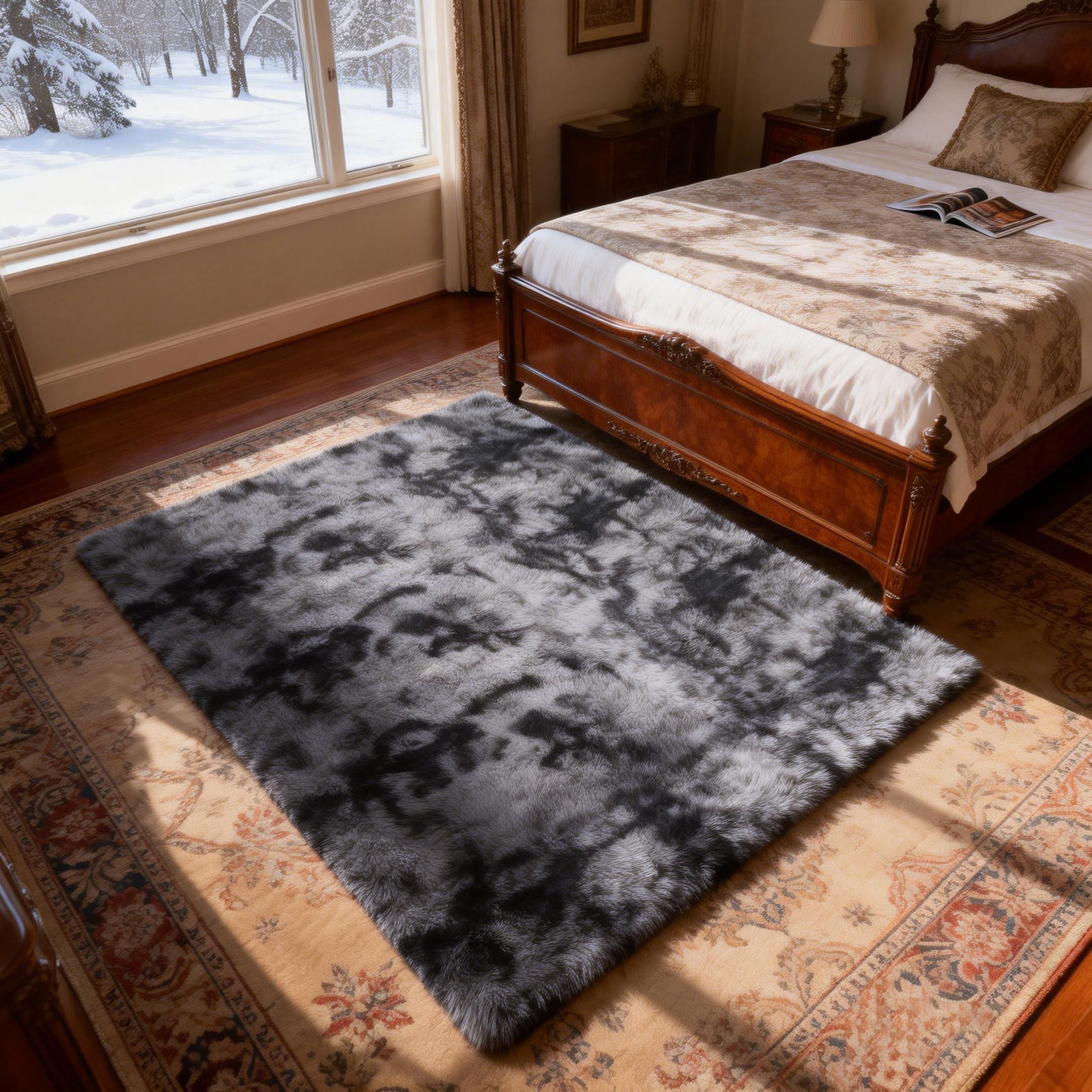 Area Rugs for Living Room Bedroom, 4'x6' Soft Fluffy Shag Indoor Floor Carpet for Living Room Bedroom Dining Room Office Home Decor, Tie-dye Dark Gray