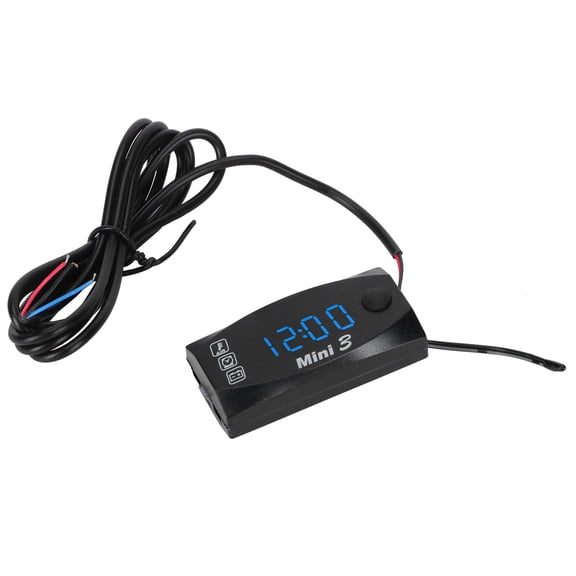BIMZUC 3 in 1 Waterproof Motorcycle Digital Voltmeter Thermometer Electronic Time Clock Blue LED Display Gauge Universal Fit (10 inches / 25.4 cm Cable)