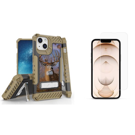 Bemz iPhone 13 Mini Bundle: Tri Shield Military Grade Armor Rugged Case (Deer Buck), Premium Glass Screen Protectors (2-Pack)