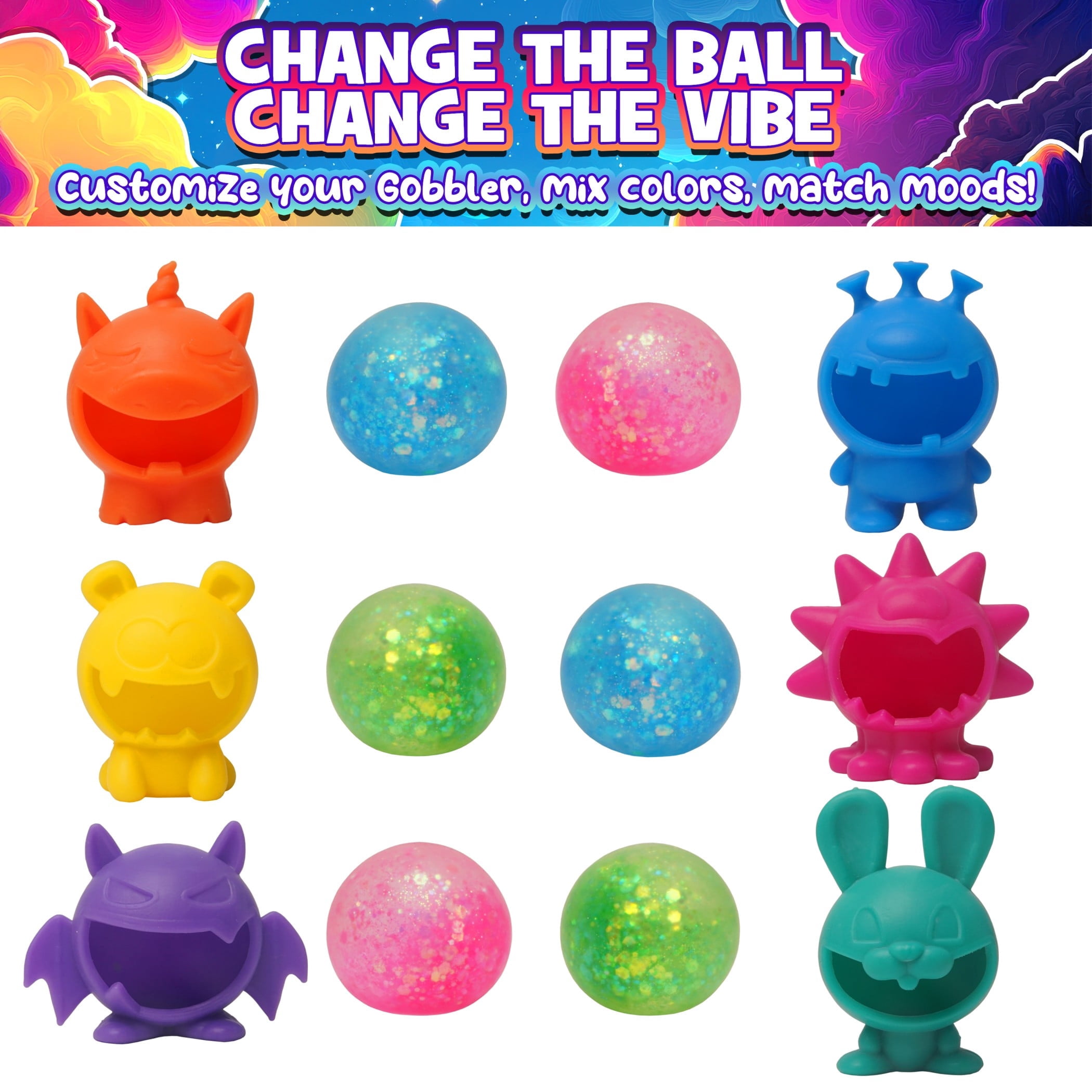 Power Your Fun Glitter Gobblers Squishy 6 pack Fidget Toys for a Child Age 3+ & up