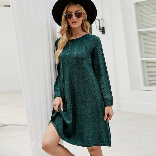 Vestido tipo suéter largo de color liso de moda de otoño e invierno, vestido de punto de línea A suelto y torcido con cuello redondo