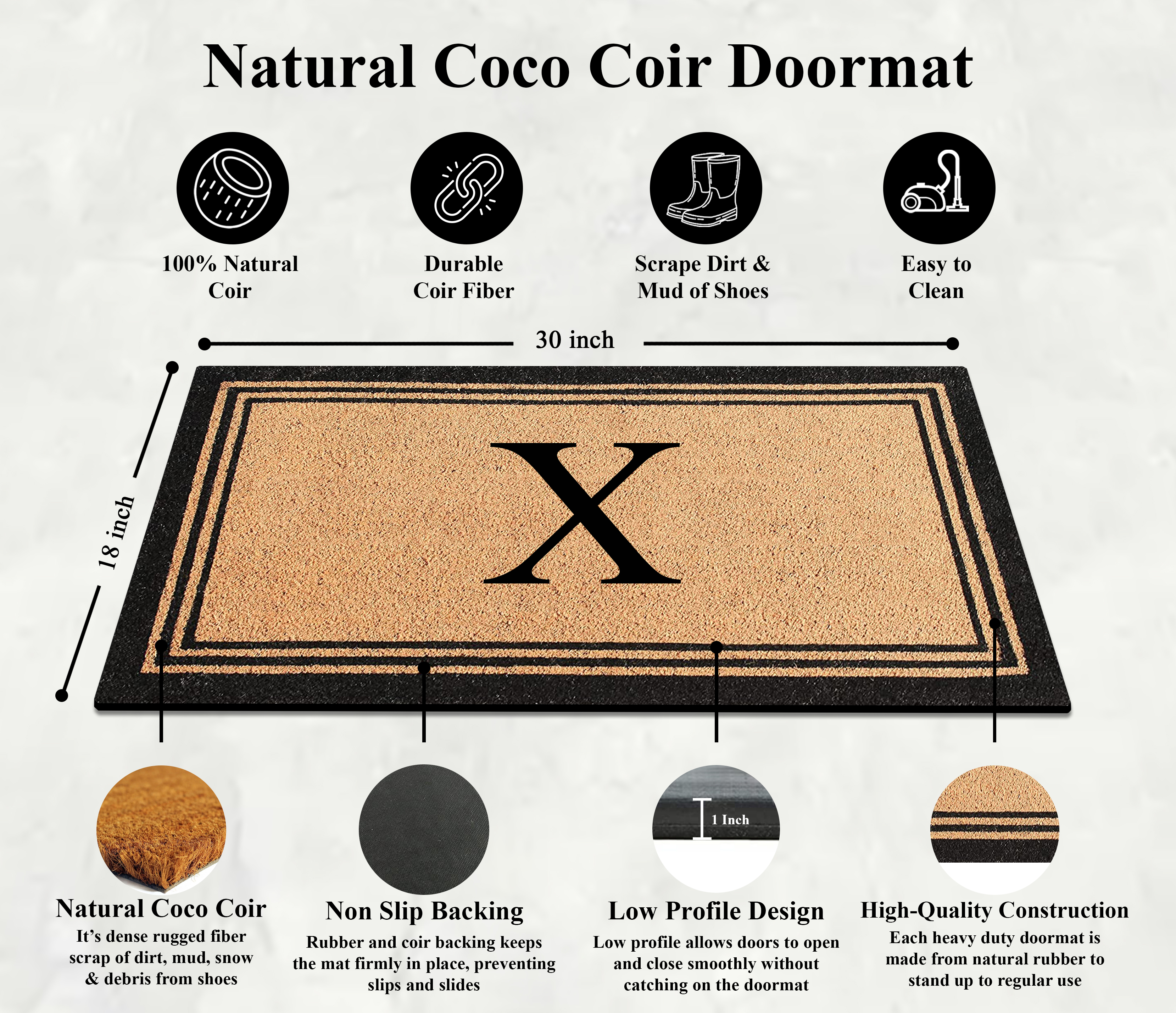 A1HC Black/Beige 18 in x 30 in Front Door Mat Coir PVC Classic Border Entryway Mat Heavy Duty Boot Scrapper Monogrammed Doormat