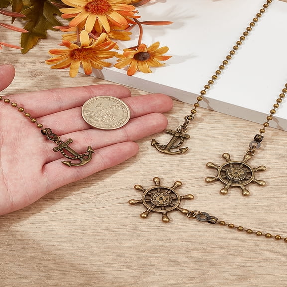 4Pcs Anchor Helm Aloy Charms Ceiling Fan Pull Chain Extenders Pendants with Iron Ball Chain Bronze Decorative Hanging Connector