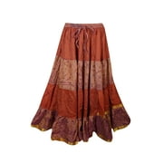 Mogul Womens Long Skirt Silk Sari Vintage Printed Indian Orange Maxi Skirts