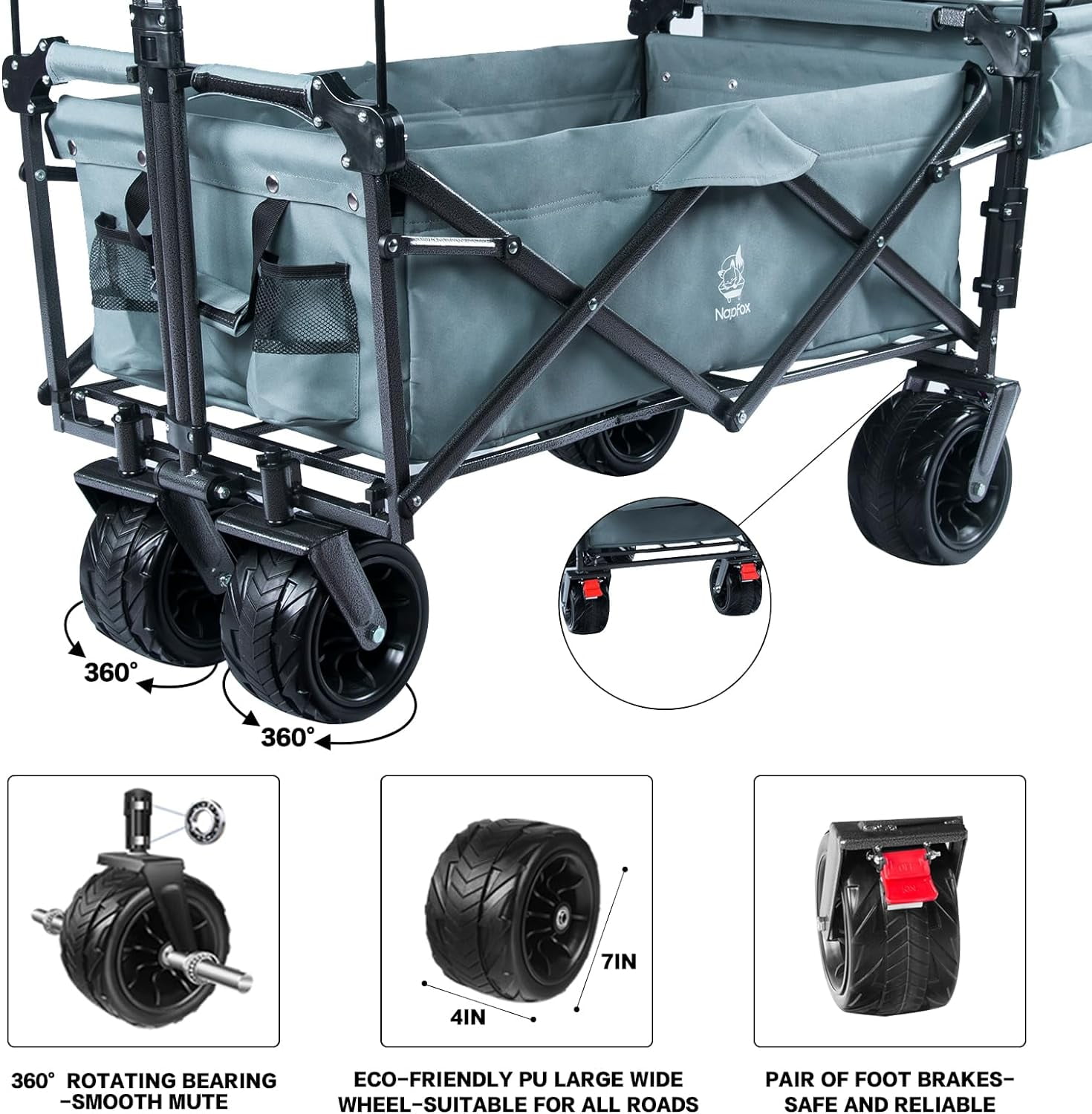 140L Collapsible Wagon with Removable Canopy, Foldable Utility Wagon with All-Terrain Wheels & Foot Brake, Telescopic Lockable Handle, 600D Oxford Fabric, with Cooler Bag