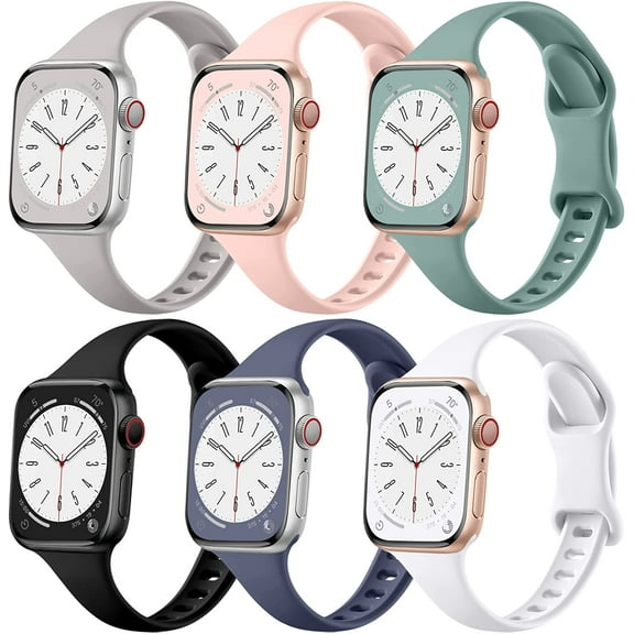 6 Pack Slim Bands Compatible with Apple Watch Band 40mm 38mm 44mm 42mm 41mm 45mm for Women Men, Soft Silicone Waterproof Sport Strap Replacement Wristbands for iWatch Series 7 6 5 4 3 2 1 SE